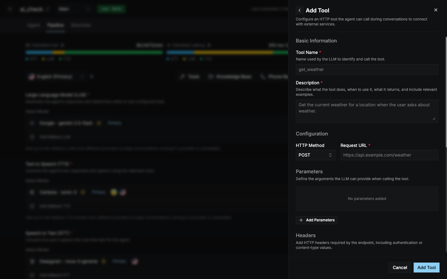 Add Tool form with name, description, HTTP method, request URL, parameters, headers, messages, and timeout settings