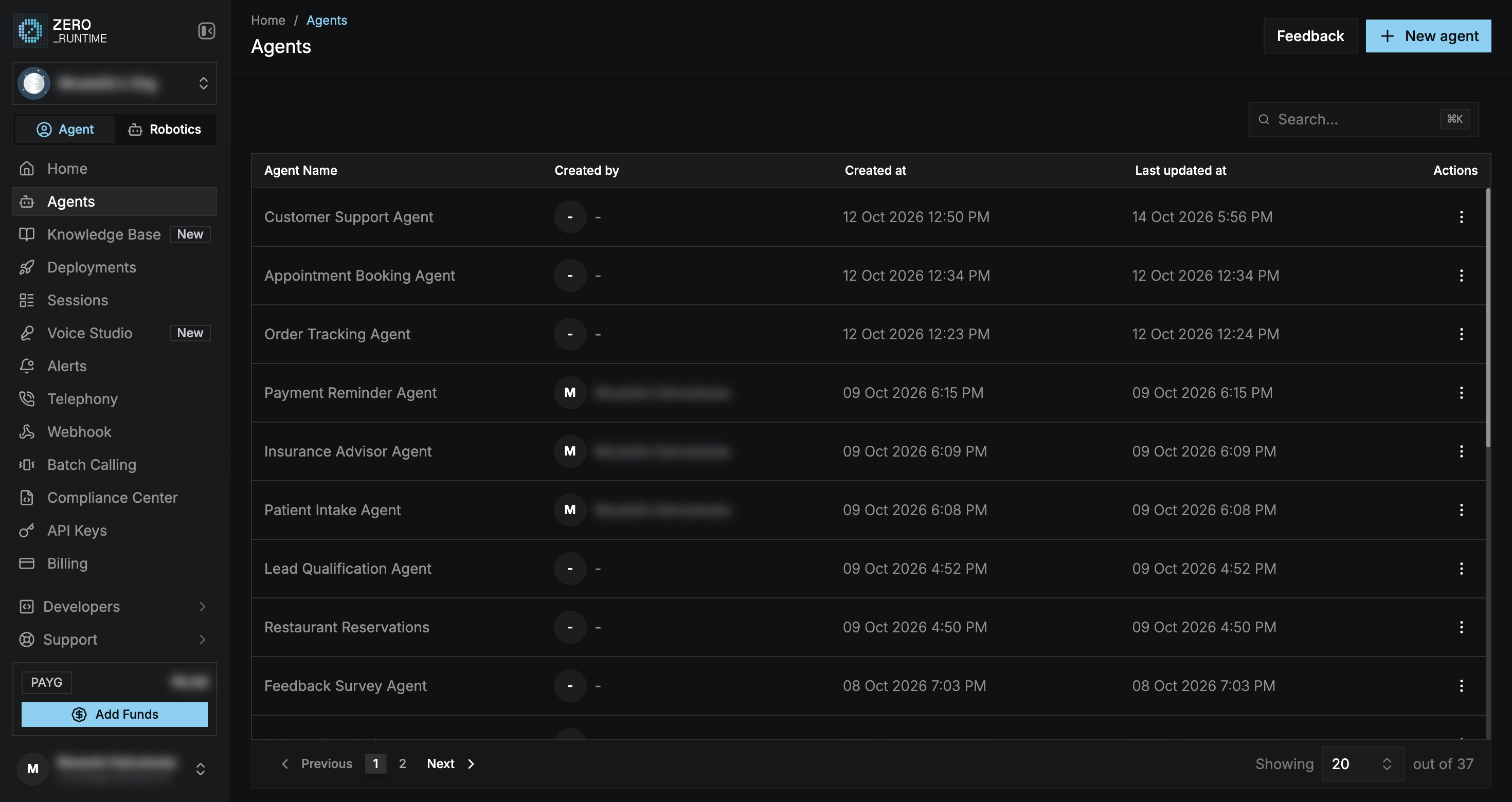 Agents page with the dashboard sidebar, the list of agents, and the New agent button