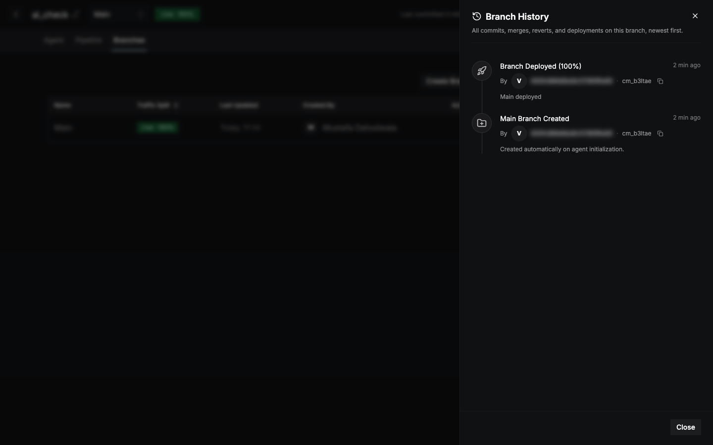 Branch History timeline with a deploy event and the Main branch created event