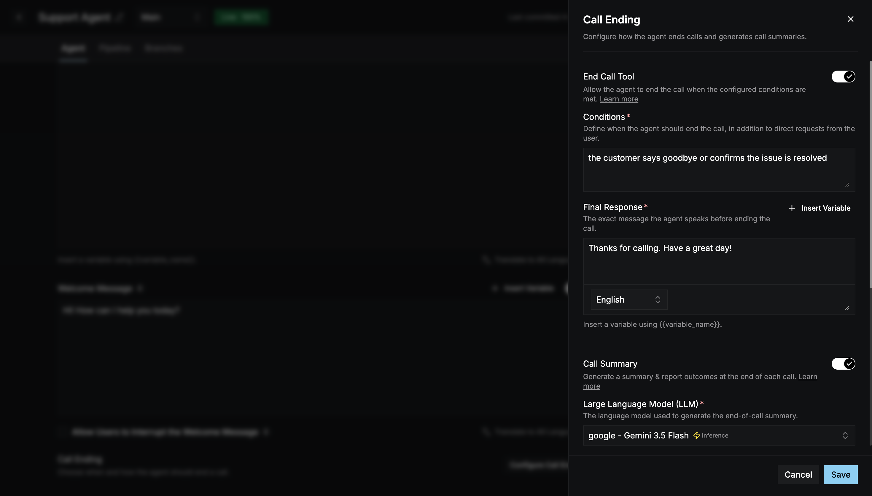 Call Ending panel with the End Call Tool and Call Summary settings