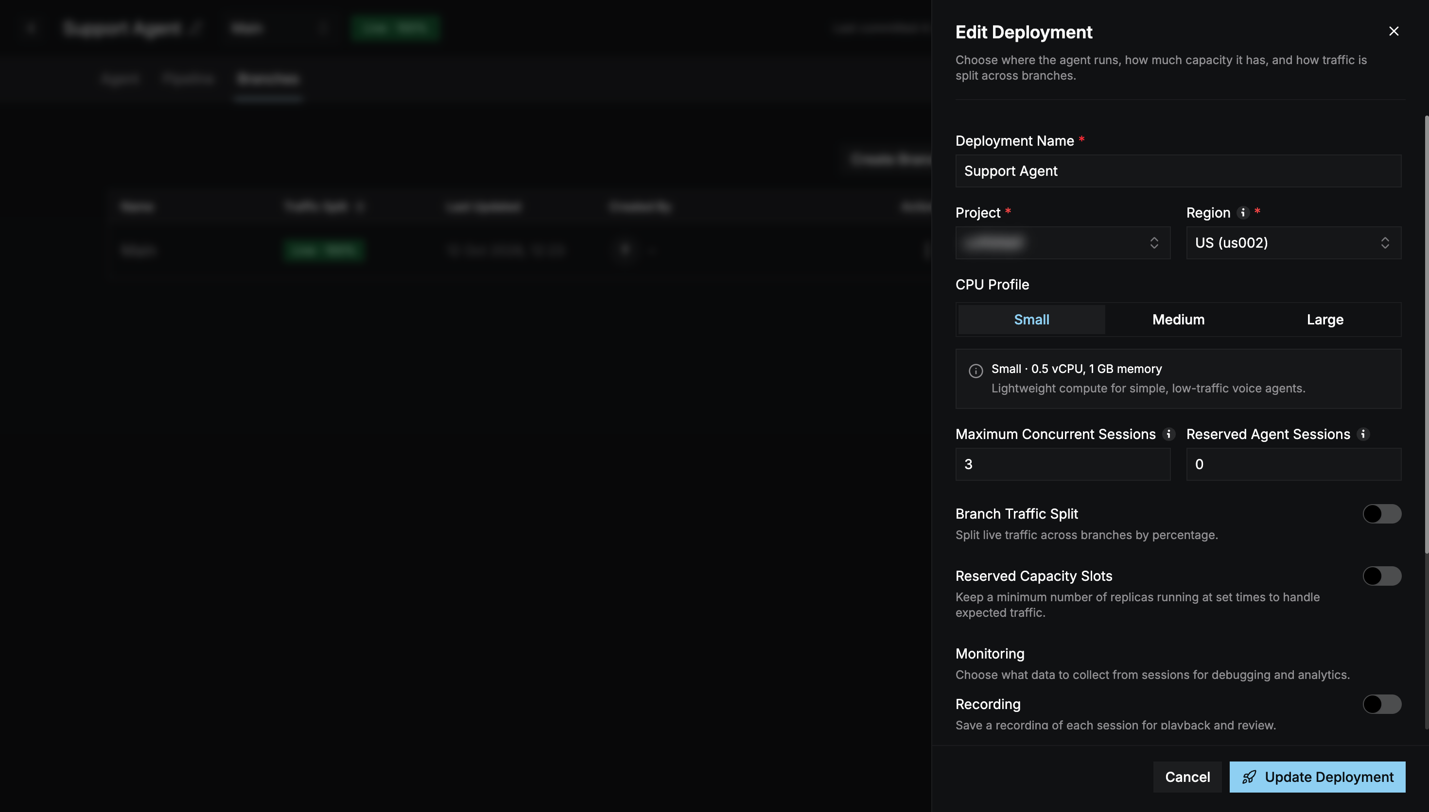 Deployment settings panel with deployment name, project, region, CPU profile, session limits, traffic split, reserved capacity, and monitoring options
