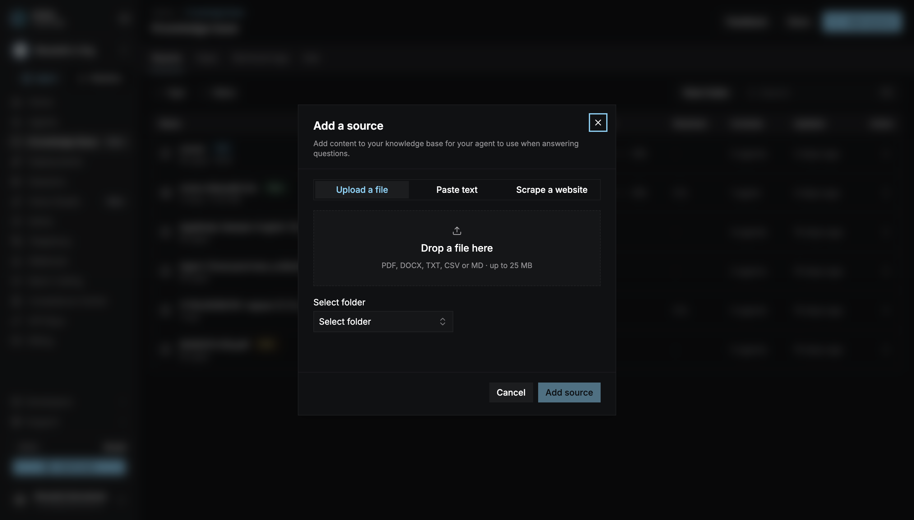 Add a source dialog with Upload a file, Paste text, and Scrape a website options and a folder selector
