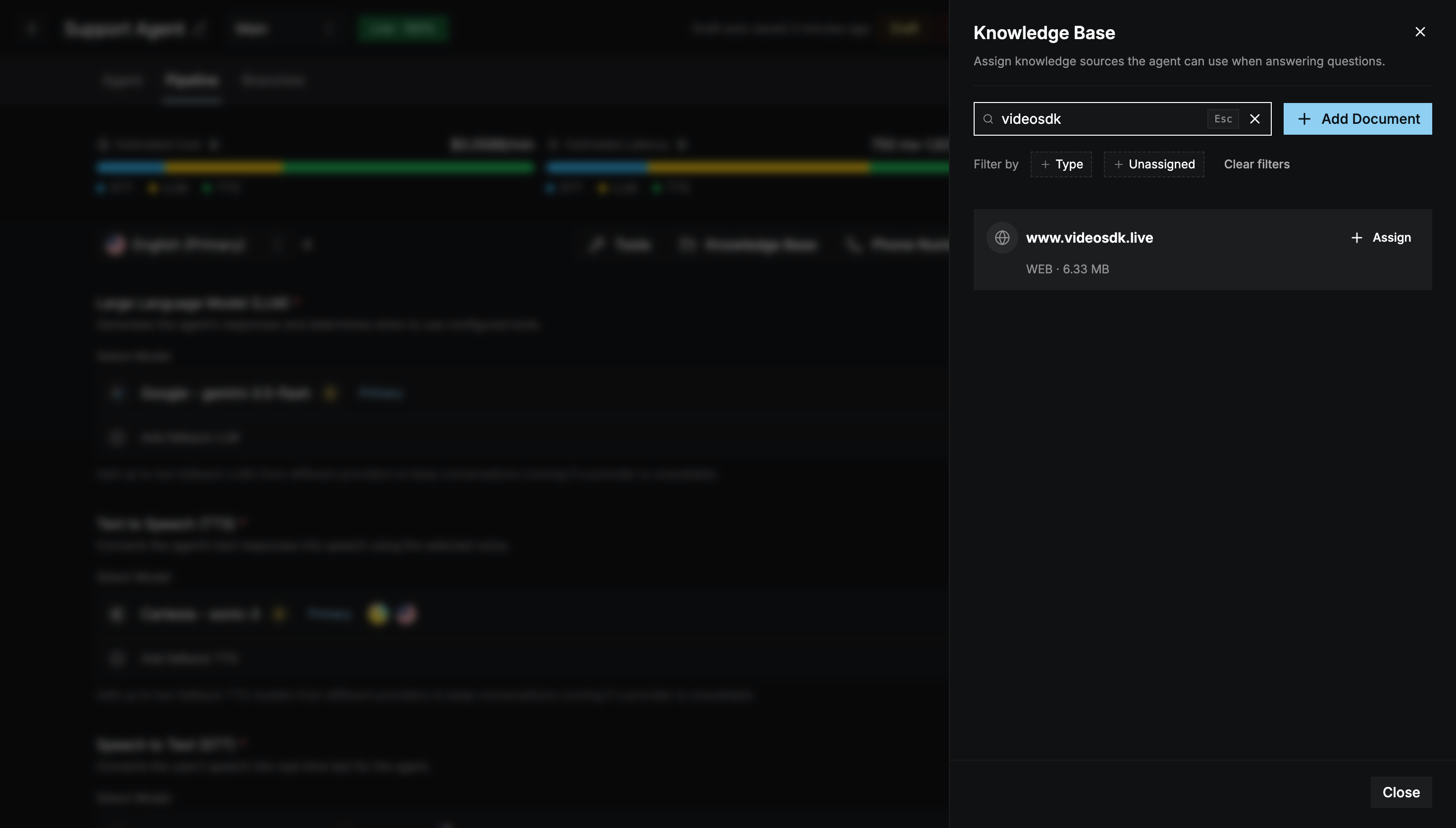 Knowledge Base panel in the agent builder, with a website source and its Assign button