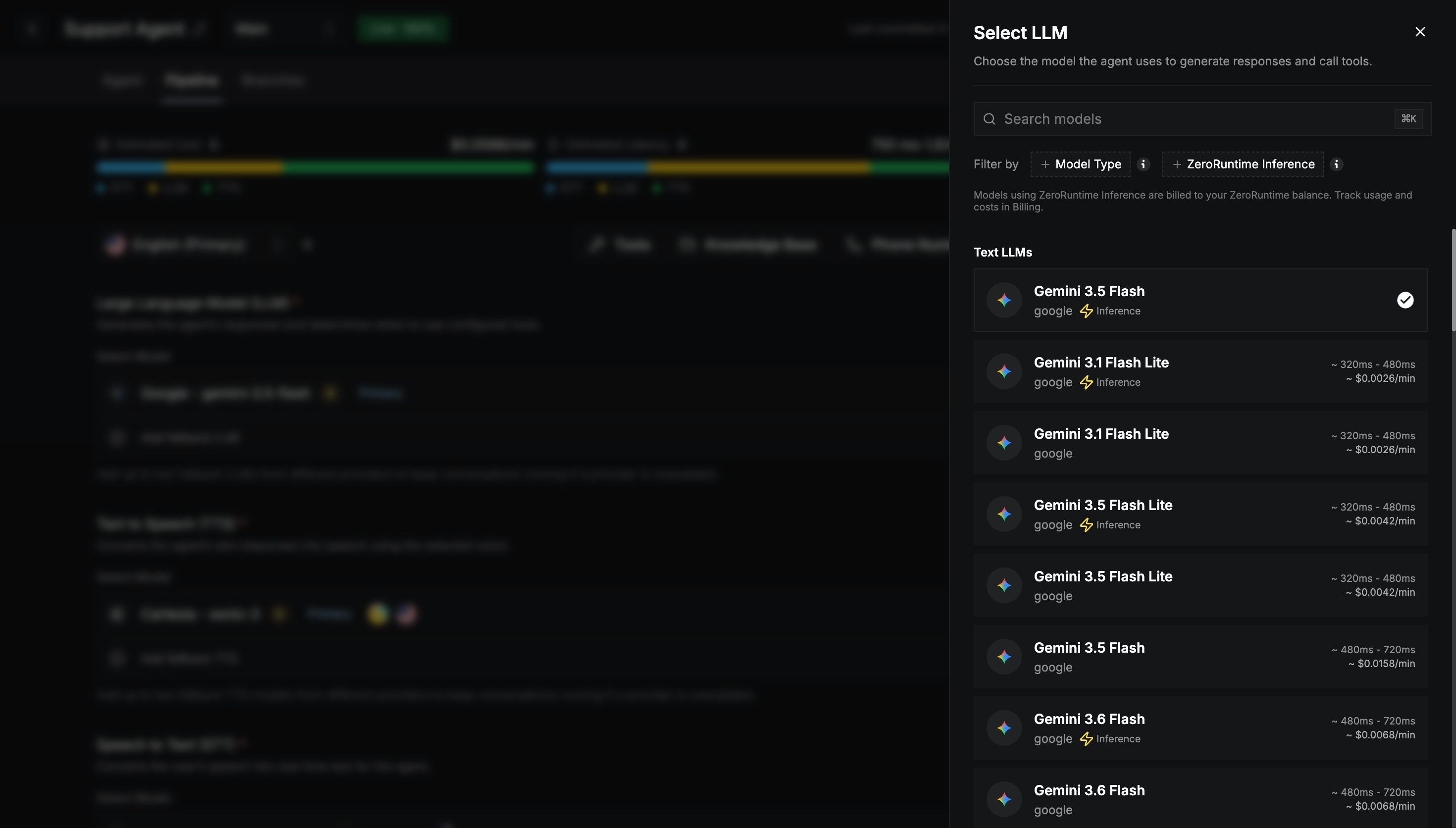 Select LLM panel listing models with their provider, Inference badge, latency, and cost per minute