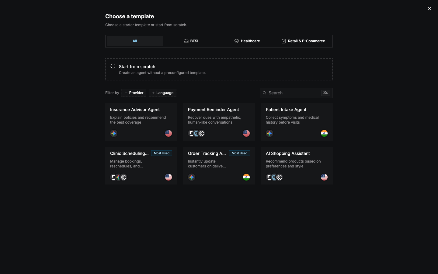 Choose a template dialog with category tabs, filters, and template cards