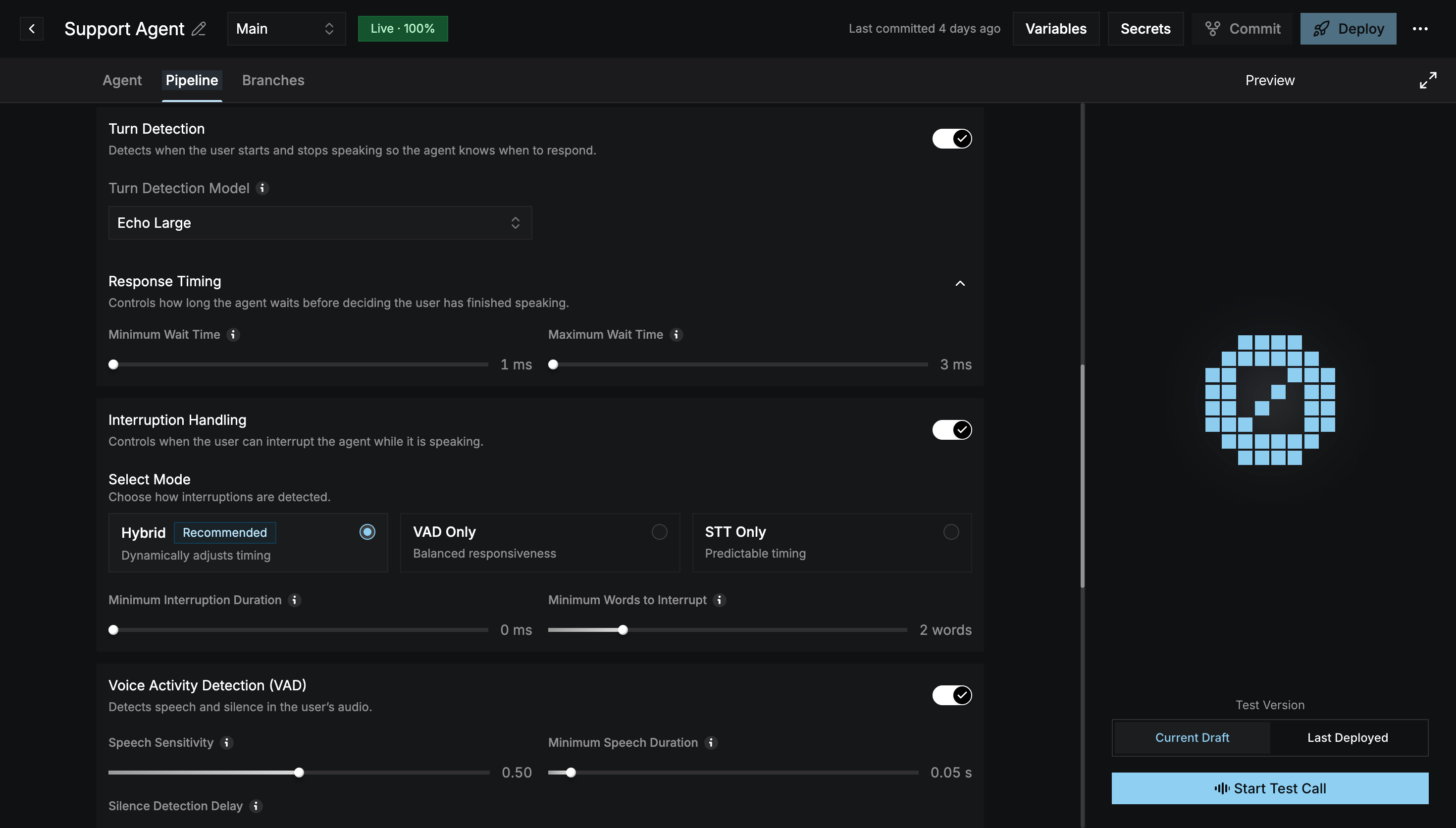 Pipeline tab showing the Turn Detection, Response Timing, Interruption Handling, and VAD settings
