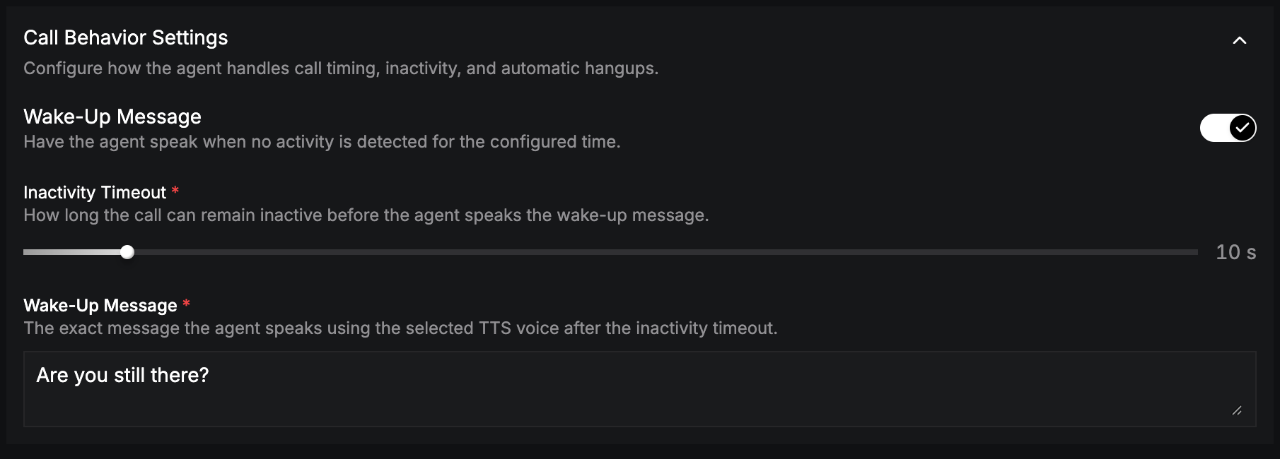 Call Behavior Settings with the Wake-Up Message toggle, inactivity timeout, and message fields
